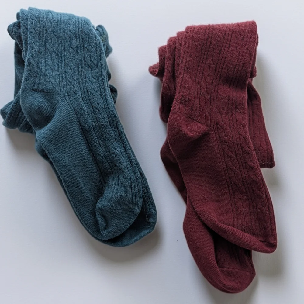 Little Stocking Co Teal and Burgundy Knit Tights Bundle Size 7-8